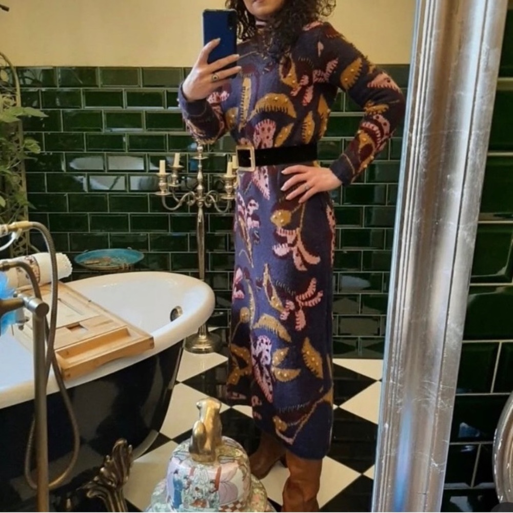 Zara Navy Midi Dress with Pink and Gold Motif